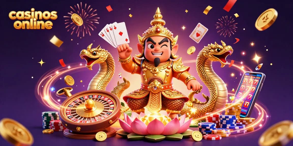 Juega en los casinos online con una vibrante ilustración que muestra guardianes y monedas doradas.
