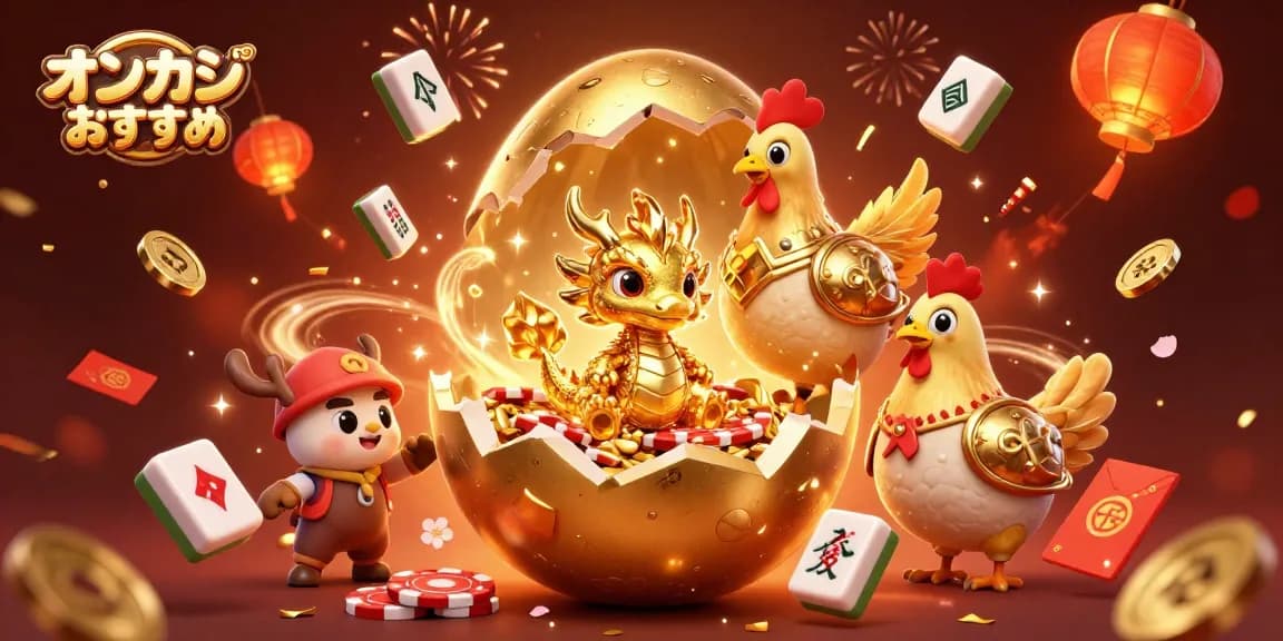 オンカジ おすすめの世界で、黄金のドラゴンがポーカーチップの巣から現れる魅力的なイラスト。