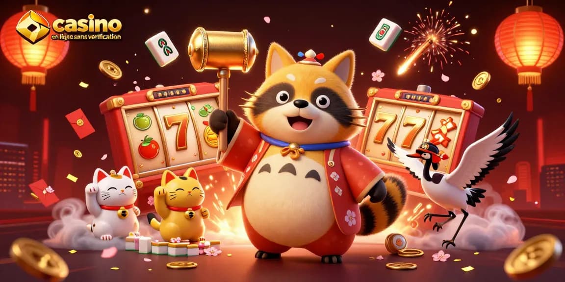 Plongez dans l'univers du casino en ligne sans vérification avec un tanuki chanceux, un héron samouraï et des chats maneki-neko vibrants.