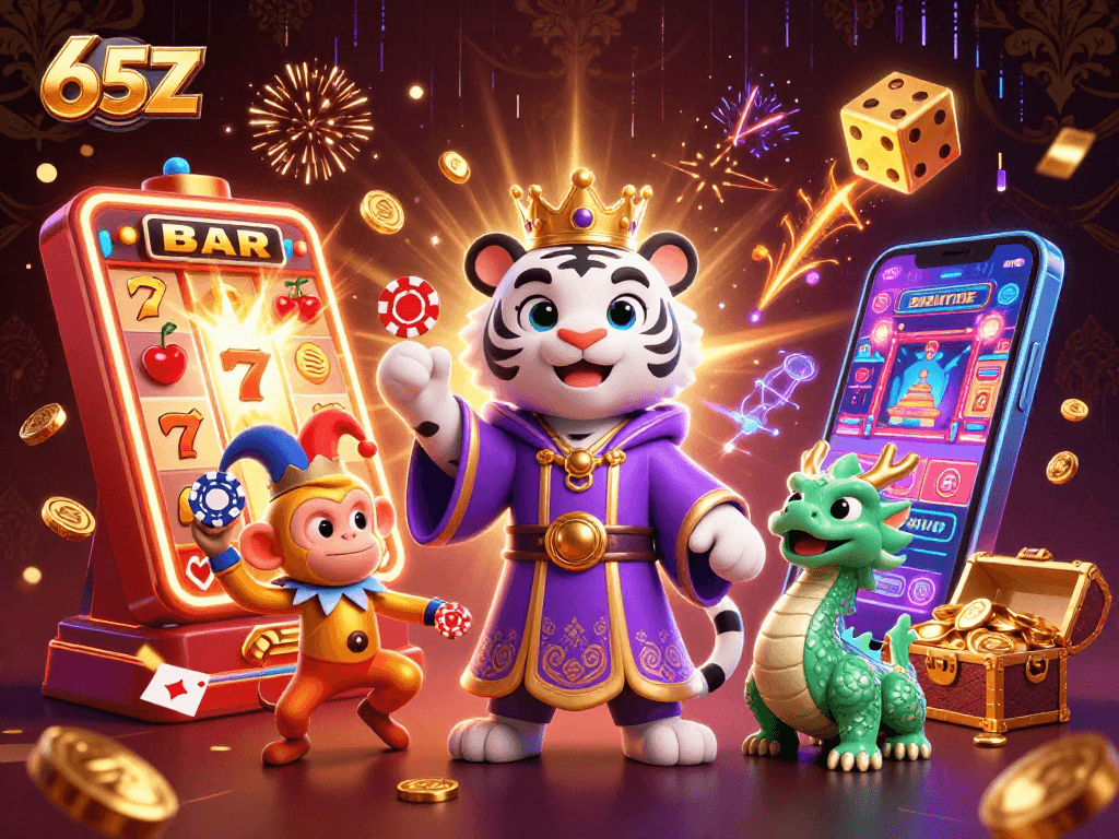 Ative grandes jackpots com 65Z em uma cena vibrante de cassino 3D.