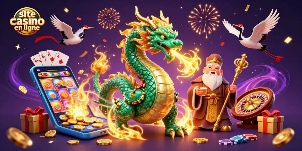 Jouez sur un site casino en ligne avec une ambiance festive et des personnages chanceux.