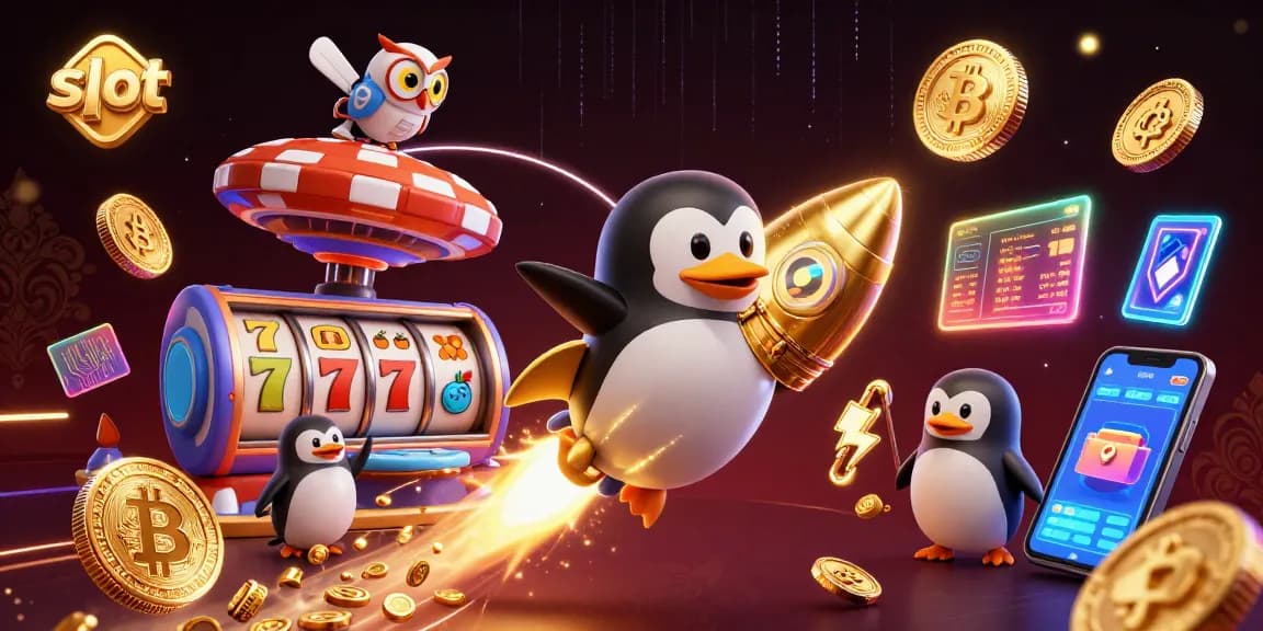 Spin the slot reels with thrilling energy from the golden penguin in a vibrant casino space!