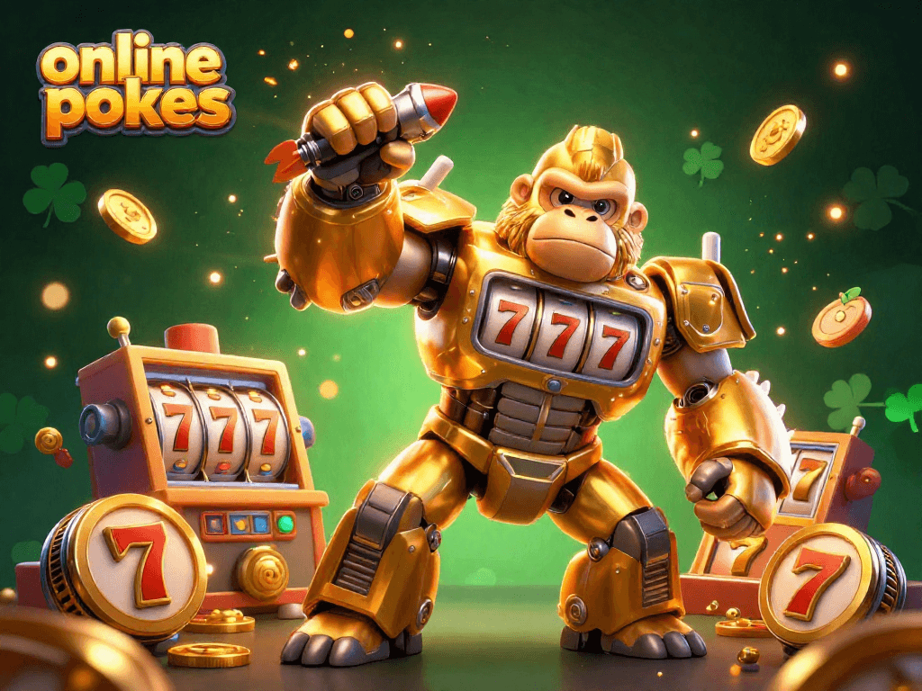 Spin the reels on online pokies with a golden gorilla mech amidst vibrant slot symbols.