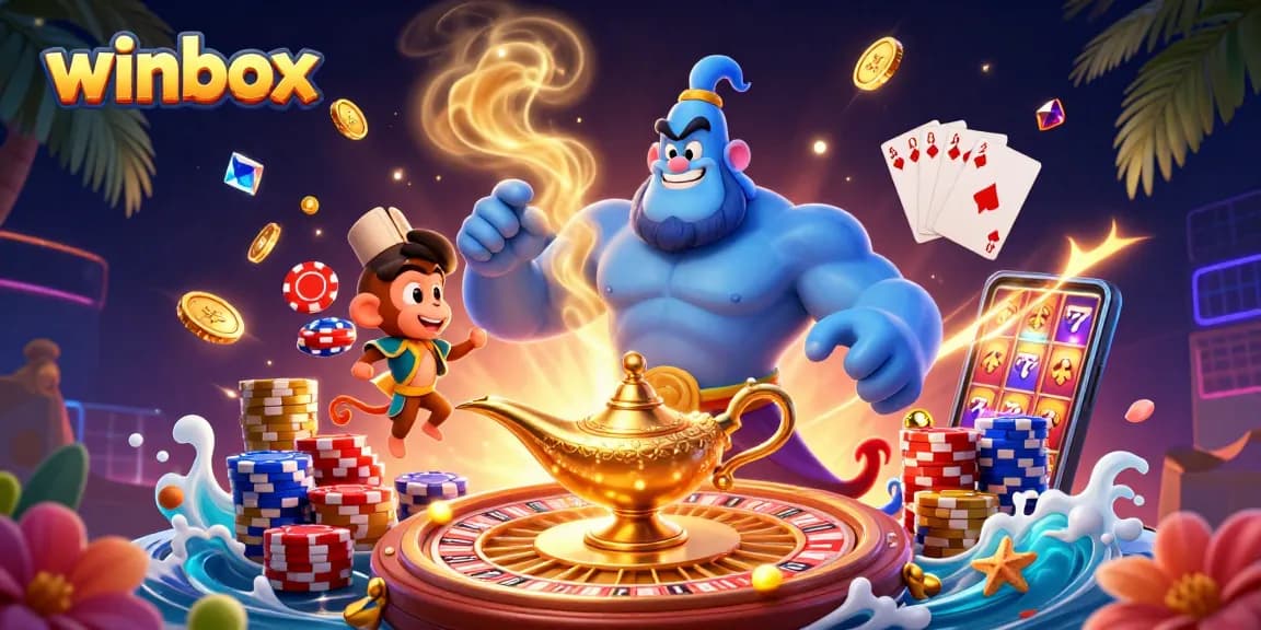 Winbox combines thrilling casino experience featuring a genie, monkey, and poker chips in a vibrant scene.