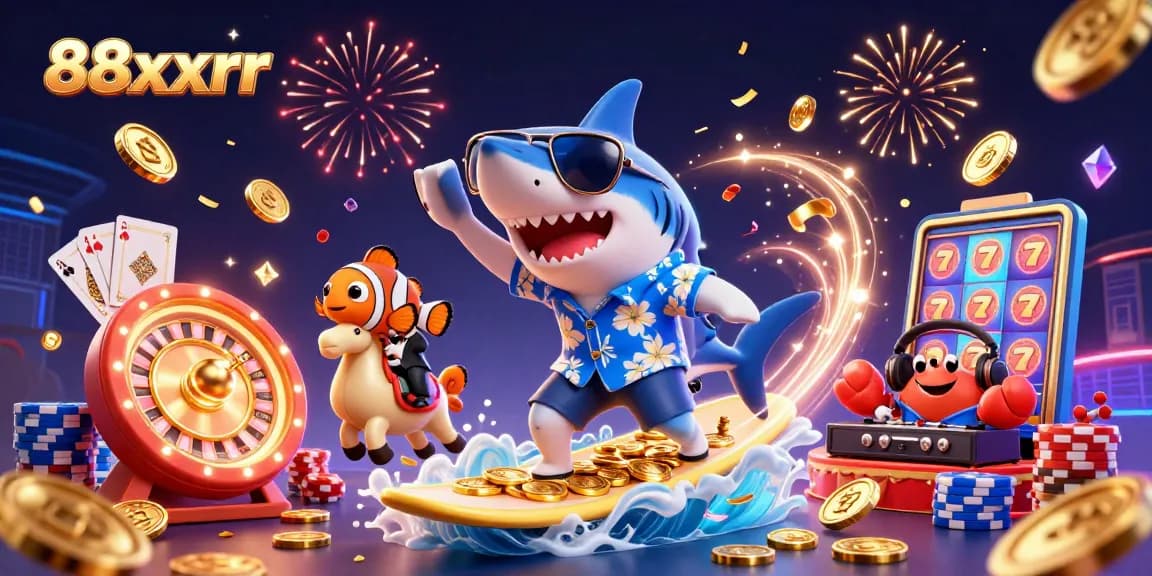 Surf the gold coin wave at 88xxrr, featuring vibrant casino elements and lively characters.