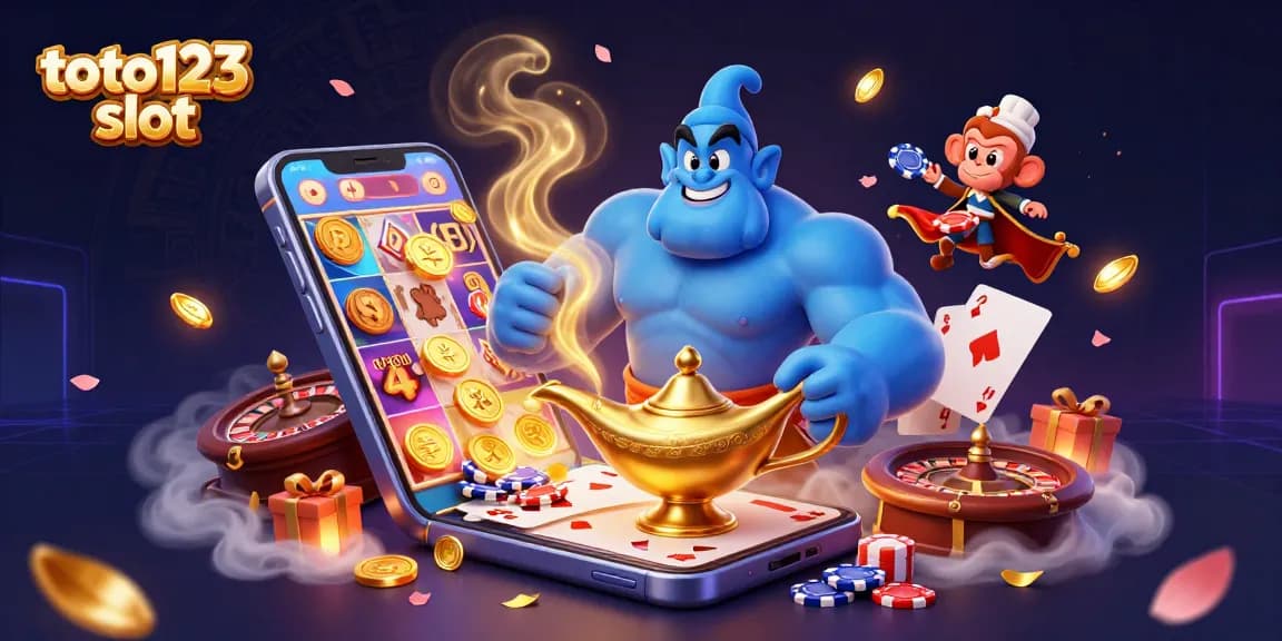 Engage with the thrilling action of toto123 slot as a genie emerges, surrounded by colorful gaming elements.