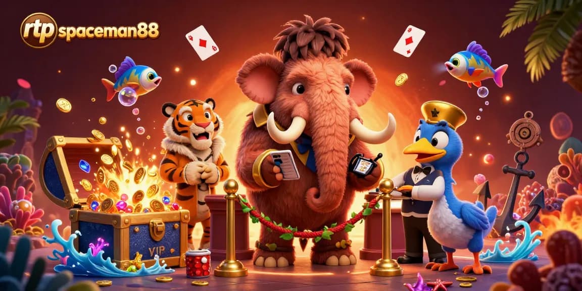 Join the excitement of rtp spaceman88 with a vibrant casino scene featuring a mammoth bouncer and treasure bursts.