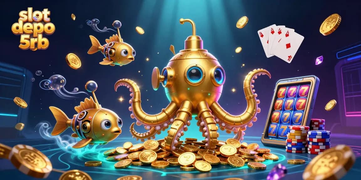 Spin the reels with slot depo 5rb while surrounded by vibrant casino elements and golden treasures.