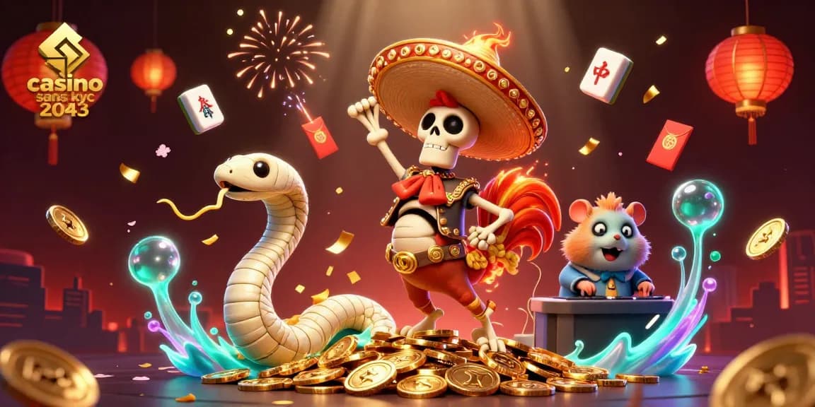 Jouez au casino sans KYC 2043 avec des personnages animés dans une scène festive.