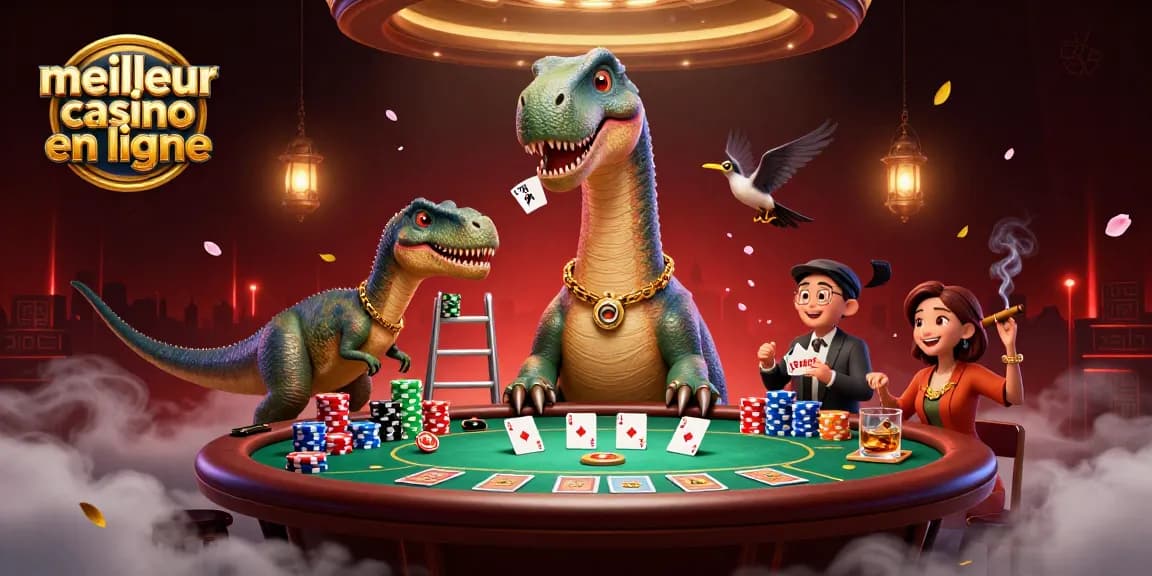 Visitez le meilleur casino en ligne avec une illustration captivante, brontosaurus et raptor en vedette.