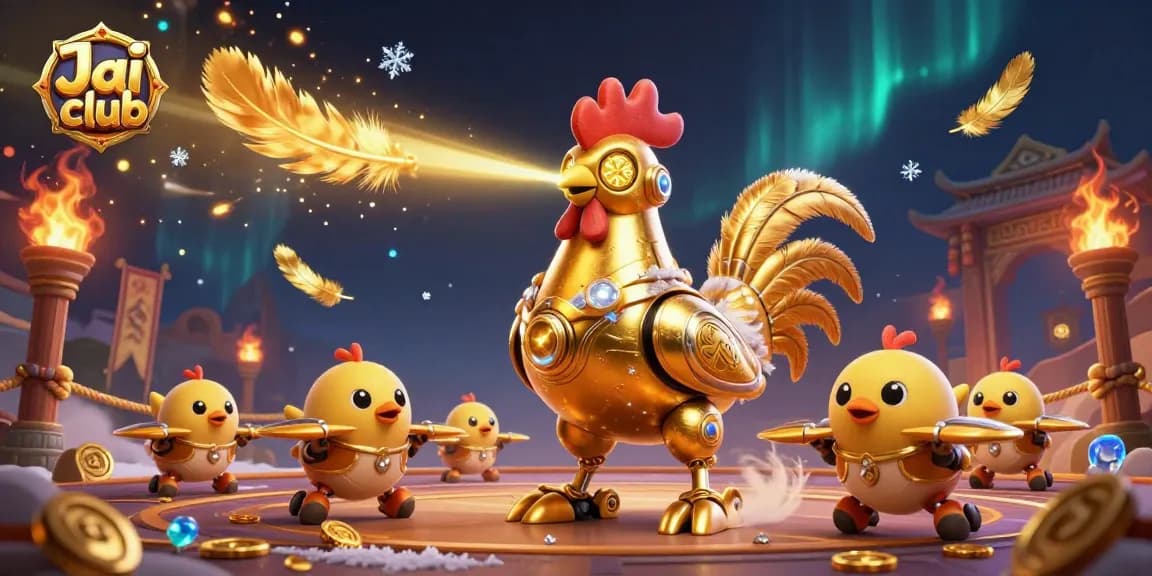 Experience thrilling action at Jai club with a retro-futuristic golden rooster robot and baby chick drones.