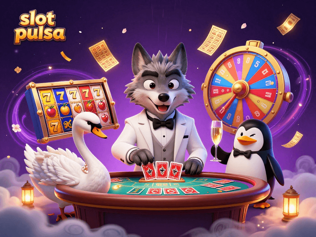 Experience the thrill of slot pulsa with a vibrant casino scene featuring the wolf, swan, and penguin.