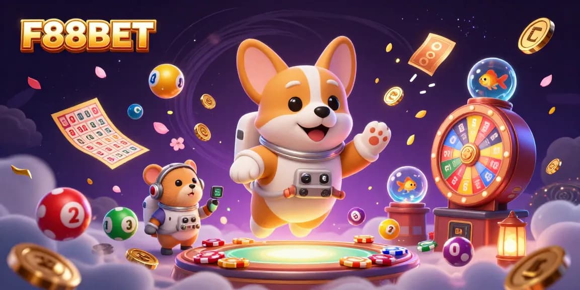 Experience thrilling excitement at F88BET with a vibrant floating casino scene featuring animated characters.