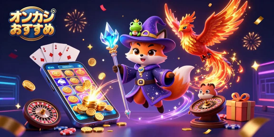 オンカジ おすすめの魔法の世界に浸り、スロットやカジノゲームを楽しむシーンを描いたイラスト