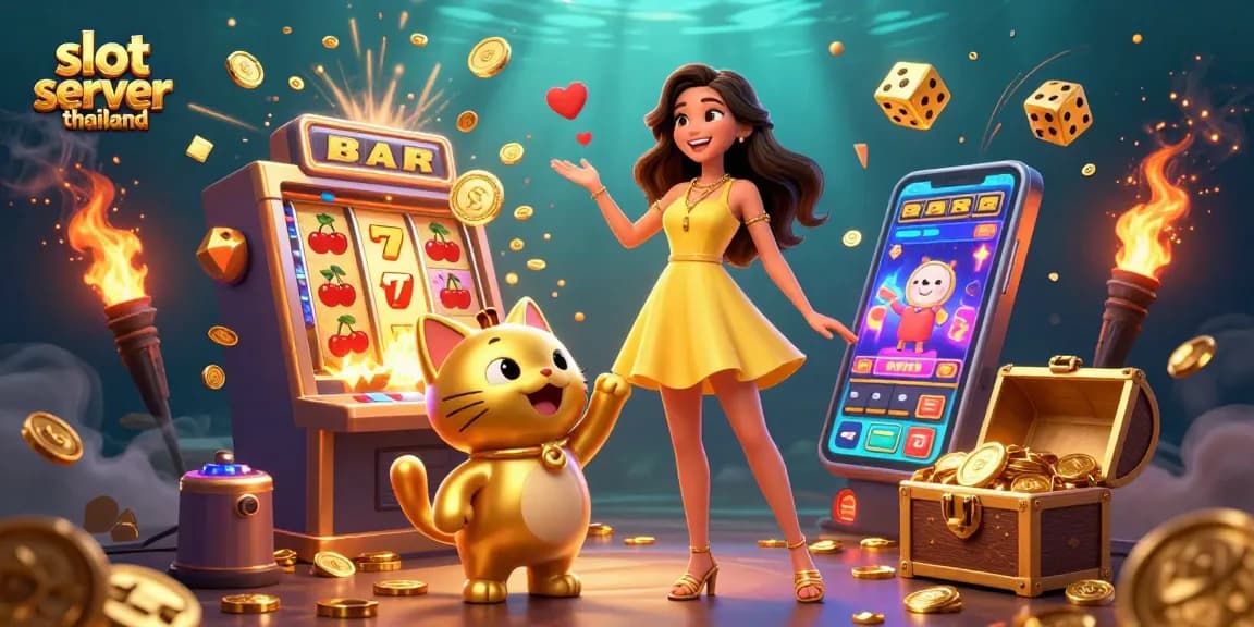 Experience thrilling gameplay at slot server thailand with a joyful woman, golden lucky cat, and a jackpot explosion!
