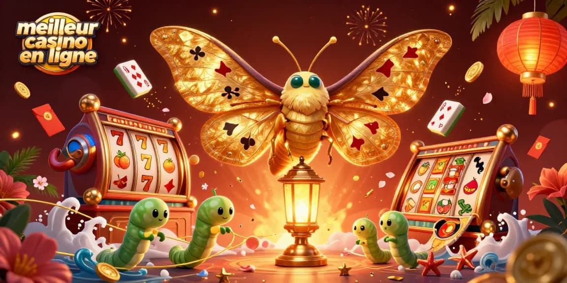 Explorez le meilleur casino en ligne avec un atlas de papillon jouant aux machines à sous dorées.