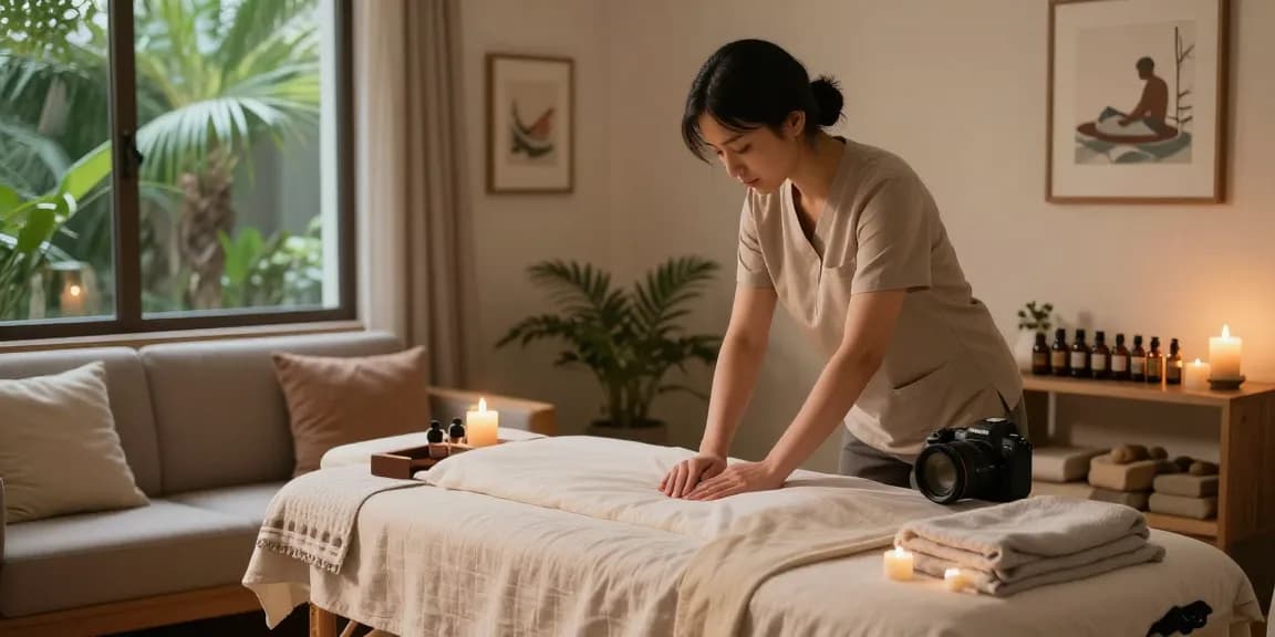 Serene in-home wellness setup for 부천출장안마 session with massage therapist preparing.