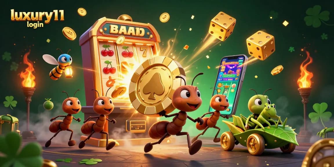 Experience the excitement of luxury111 login with a cartoon heist scene of ants carrying a massive poker chip.