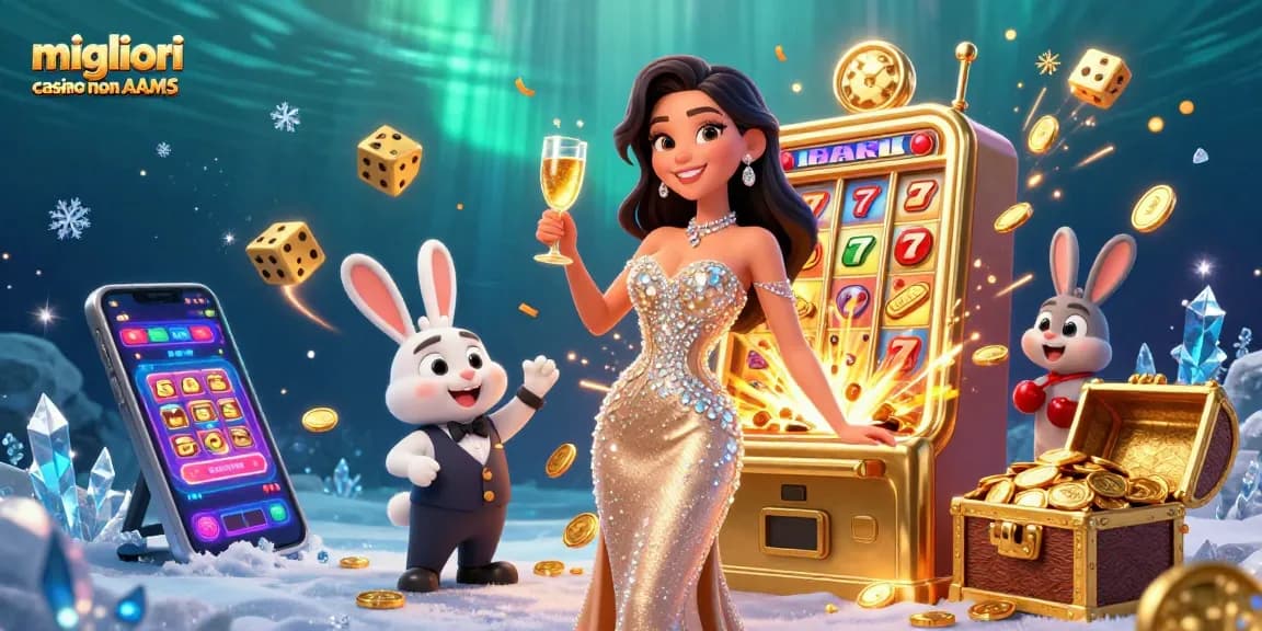 Vivi l'emozione con i migliori casino non AAMS con una donna splendida che brinda vicino a una macchina da slot jackpot.