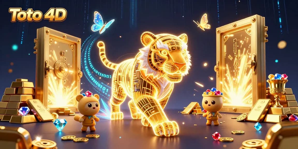 Experience the thrill of Toto 4D with a vibrant 3D digital casino scene featuring a golden tiger amidst treasures.
