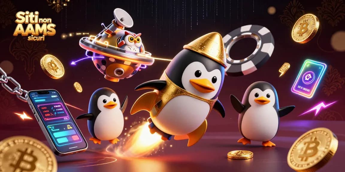 I siti non AAMS sicuri mostrano un'illustrazione di un pinguino dorato che vola verso una stazione spaziale del casinò.