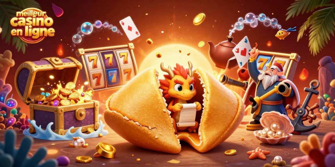Jouez au meilleur casino en ligne avec une illustration riche présentant des personnages de chance et des éléments de jeu captivants.