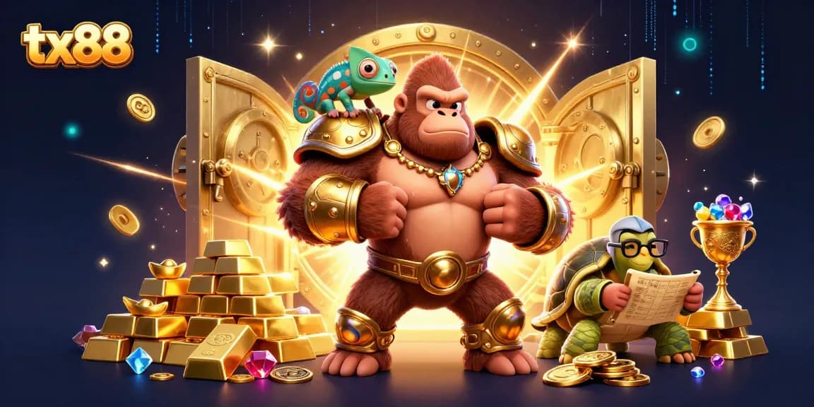 Experience thrilling gaming with tx88 featuring a gorilla in armor, a chameleon, and treasure.