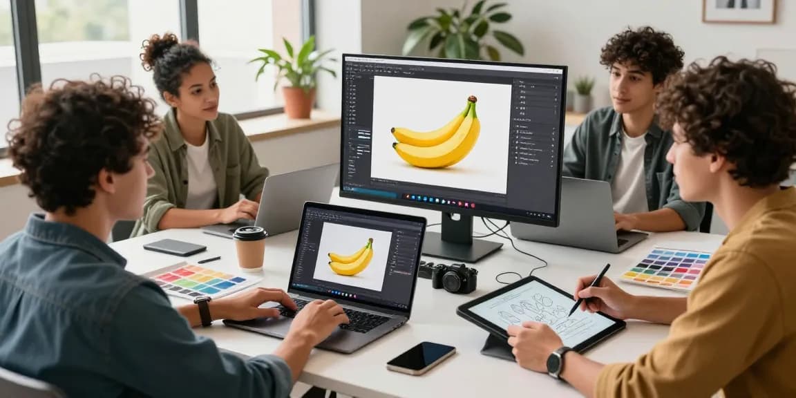 Team of designers collaborating on the Nano Banana 2 AI image editor in a bright workspace, showcasing creativity and innovation.