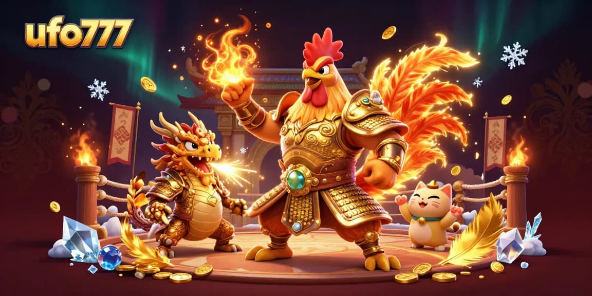 Join the battle at ufo777 with a legendary rooster warrior and a dragon hatchling in a vibrant casino arena.