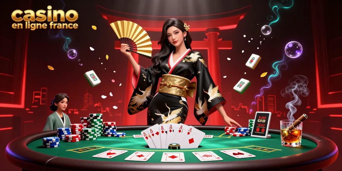 Participez à une action palpitante au casino en ligne France avec une femme asiatique élégante dans une scène de poker vibrante entourée de détails riches.
