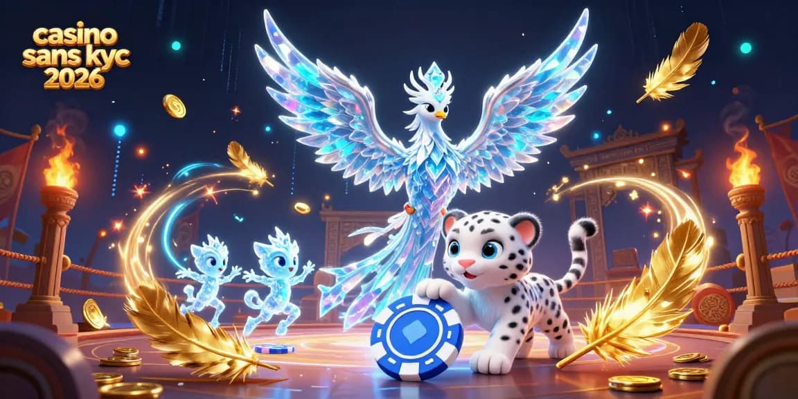 Jouez sur un casino sans KYC 2026 avec une illustration dynamique de personnages et d'éléments de jeu captivants.