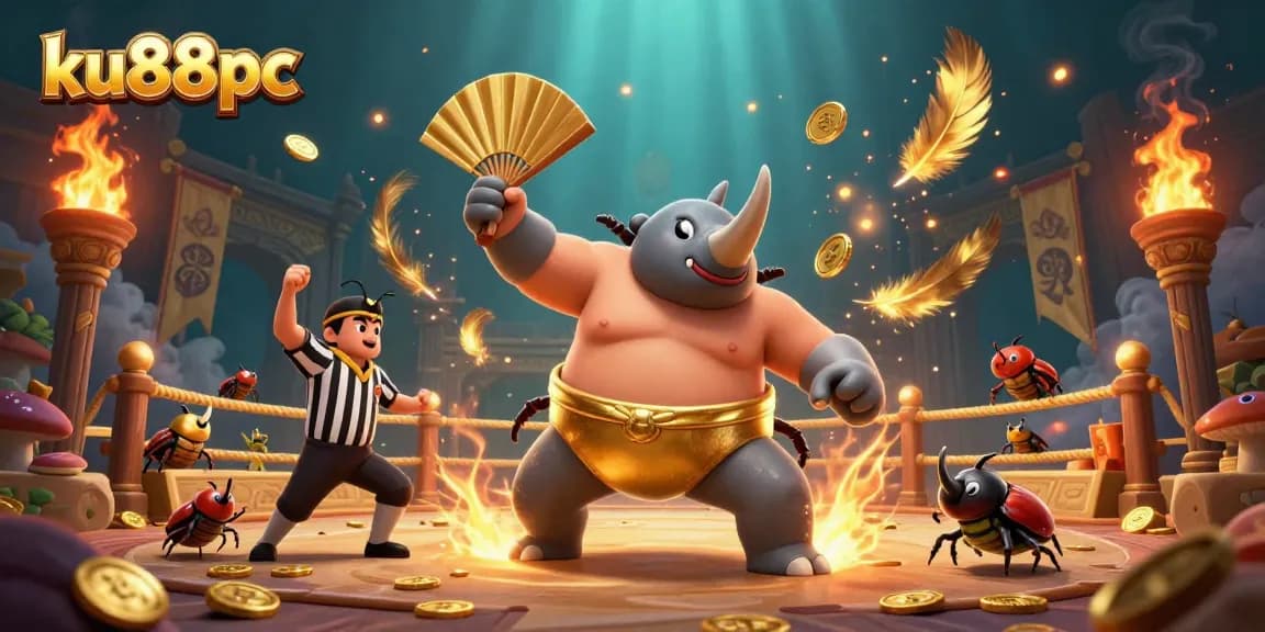 Experience the excitement of ku88pc with a sumo beetle champion amidst a vibrant casino scene.