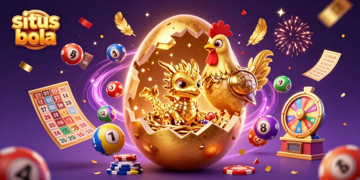 Engage with situs bola action featuring a golden egg revealing a crystal dragon amidst dynamic lottery elements.
