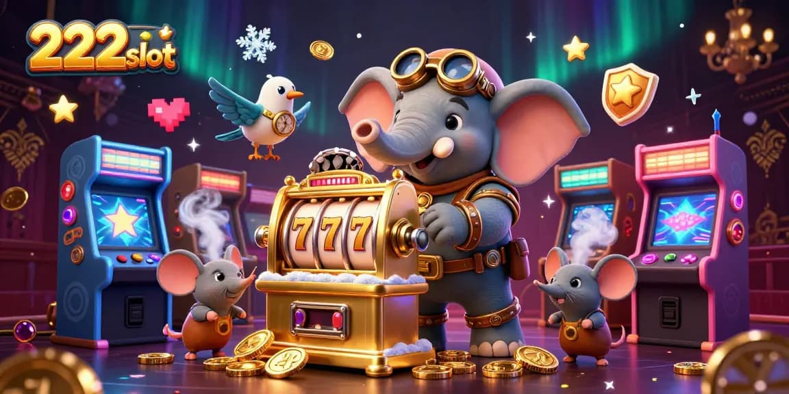 Visualisasi menarik dari 222slot dengan elemen mesin slot berwarna dan karakter steampunk menambah semangat permainan.