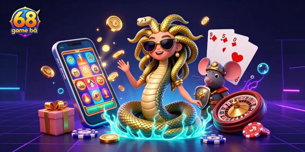 Experience the thrilling world of 68 game bài with Medusa and a warrior mouse in a vibrant casino scene.