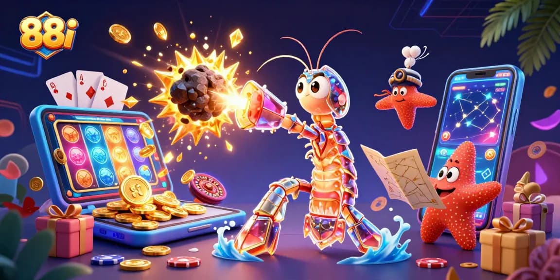 88i gaming scene with a mantis shrimp samurai amidst exploding gems, featuring slot games and casino elements.