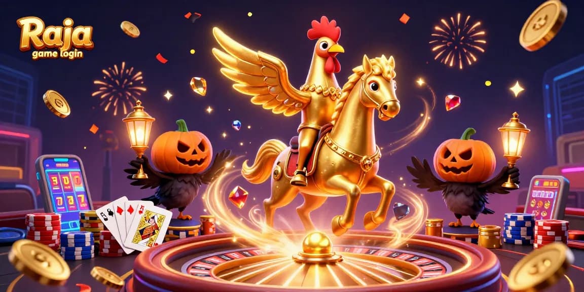 Experience thrilling gameplay with Raja game login and vibrant casino graphics, including golden rooster and coins.