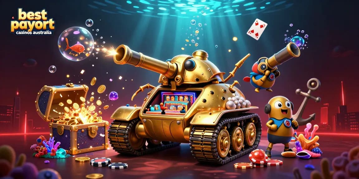 Experience thrilling wins at the best payout casinos Australia, featuring golden beetle tanks and dynamic casino elements.