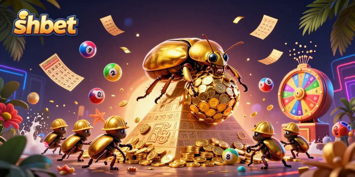 Experience the excitement of shbet with golden coins and dynamic lottery elements in a 3D casino-themed illustration.