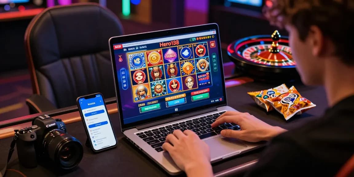 Online gaming session on situs hero138 with vibrant slot game graphics and live casino options in a cozy setup.