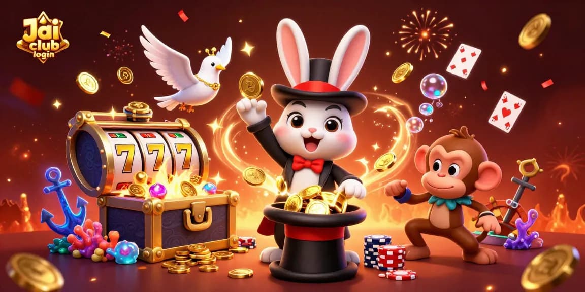 Play exciting games with Jai club login showcasing a magician rabbit, dove, and monkey in a vibrant casino scene.