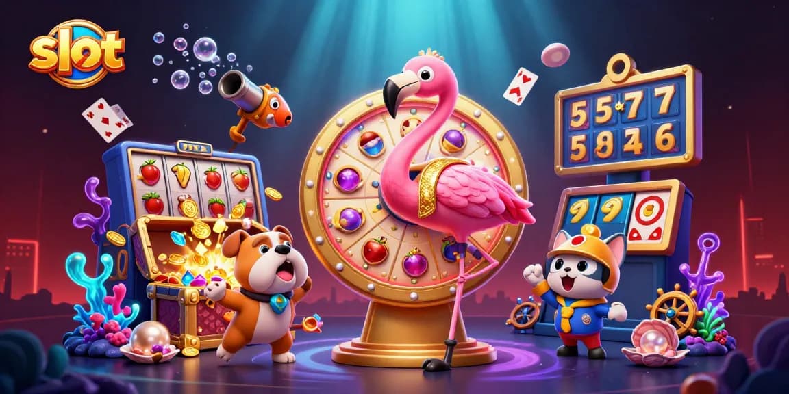 Experience thrilling slot action with dogs, flamingos, and vibrant prizes in a lively casino scene.