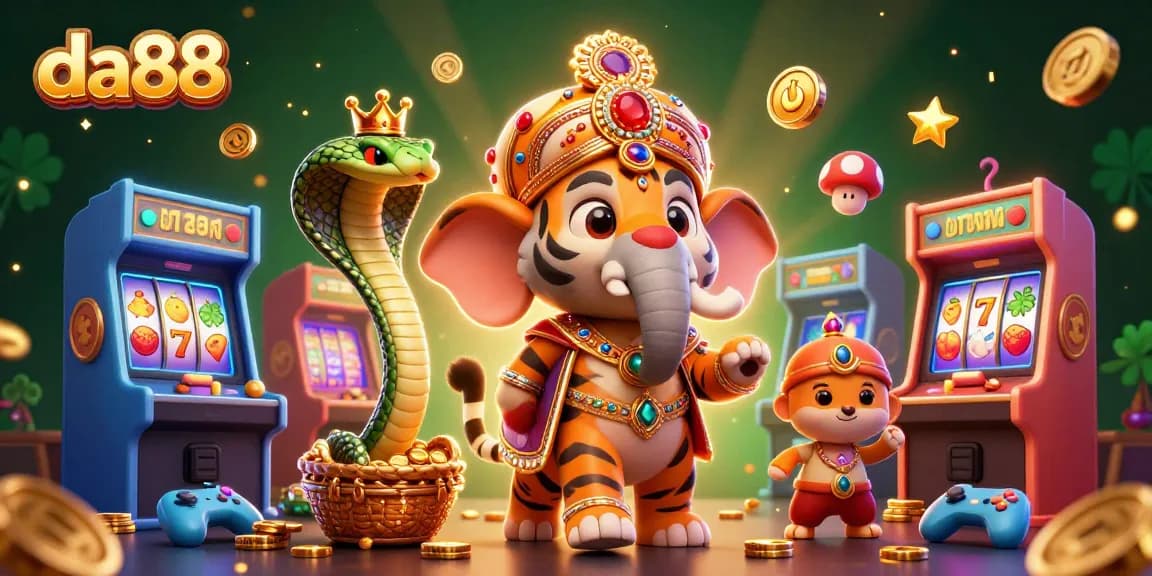 da88 showcases vibrant 3D casino elements, including a jewel-encrusted elephant and gaming icons.