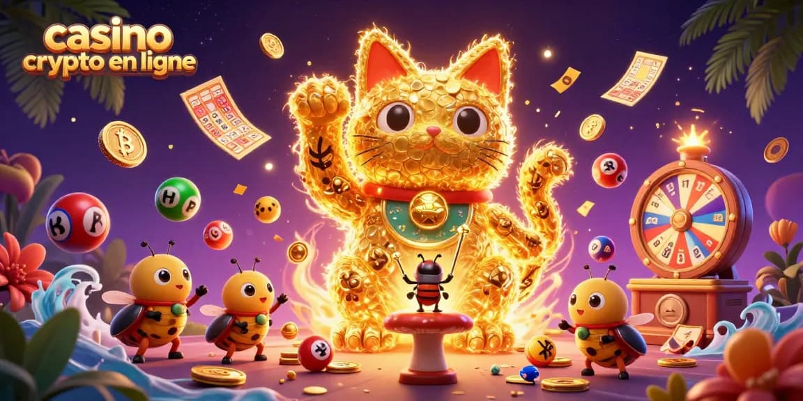 Jouez sur un casino crypto en ligne avec des feux follets formant un chat porte-bonheur et des jets d'argent autour.