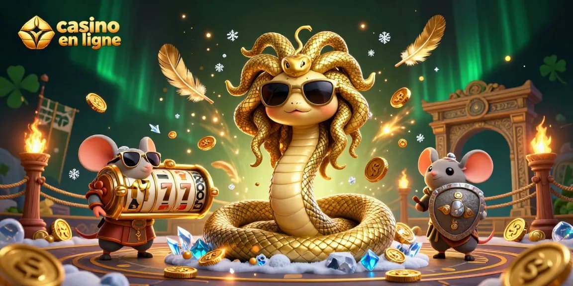 Engage in thrilling gameplay at casino en ligne featuring a cute Medusa and warrior mouse surrounded by golden slot elements.