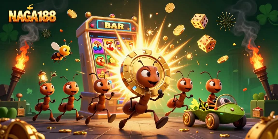 NAGA188 membawa chip poker emas dalam pencurian dinamis di kasino, dikelilingi slot dan simbol keberuntungan.