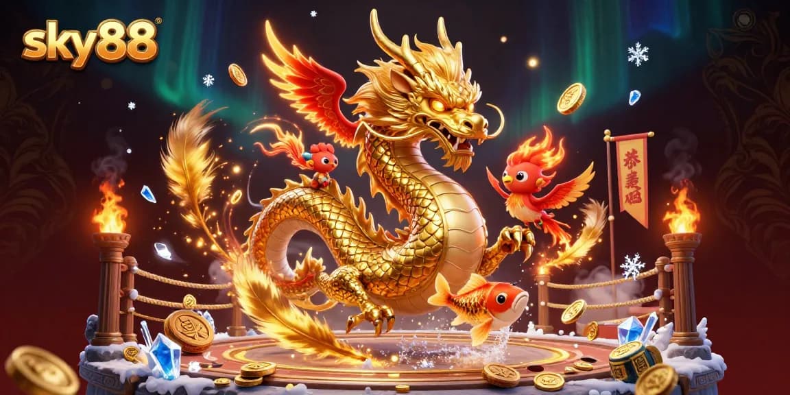 Engage with sky88's thrilling casino action in vibrant 3D illustration featuring a golden dragon and casino elements.
