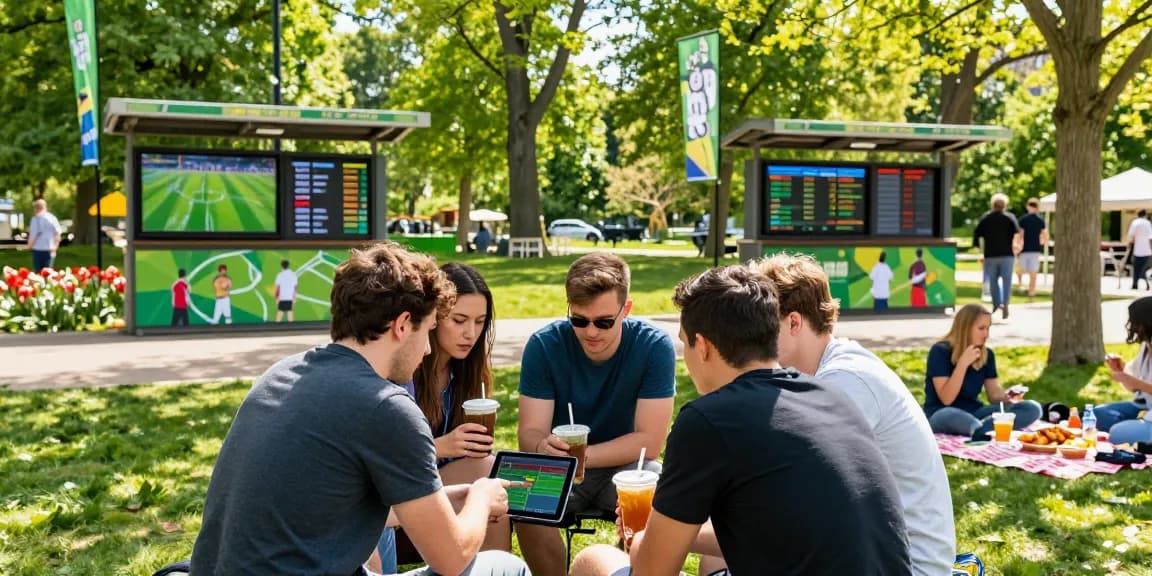 Dynamic outdoor scene showcasing friends engaging in 토토사이트 betting with sports banners.