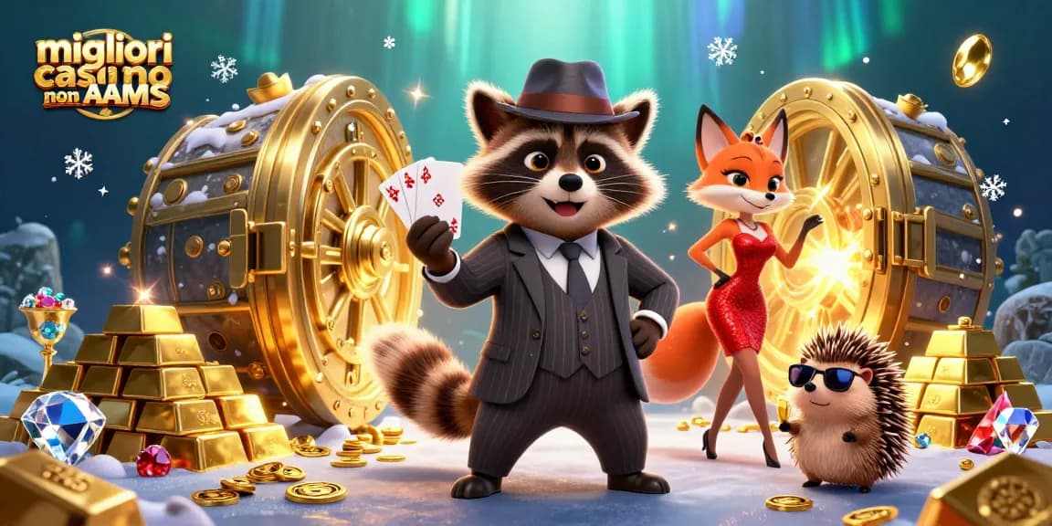 Migliori casino non AAMS con un procione elegante e una volpe in una scena di casinò glamour.