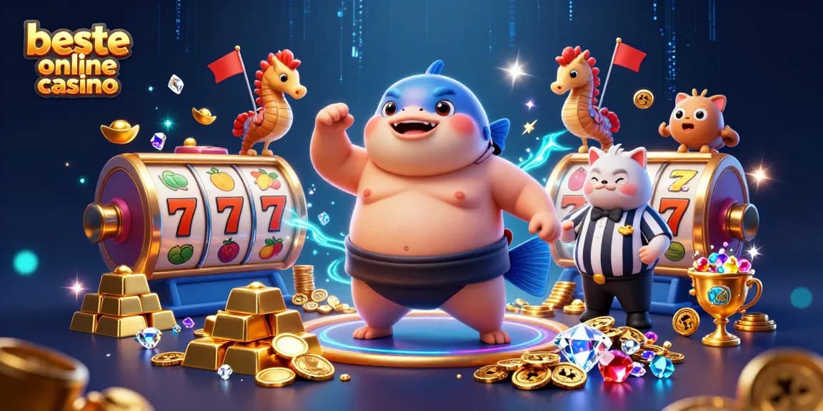 Experience the excitement of beste online casino with a vibrant blowfish and slot reels illustration.